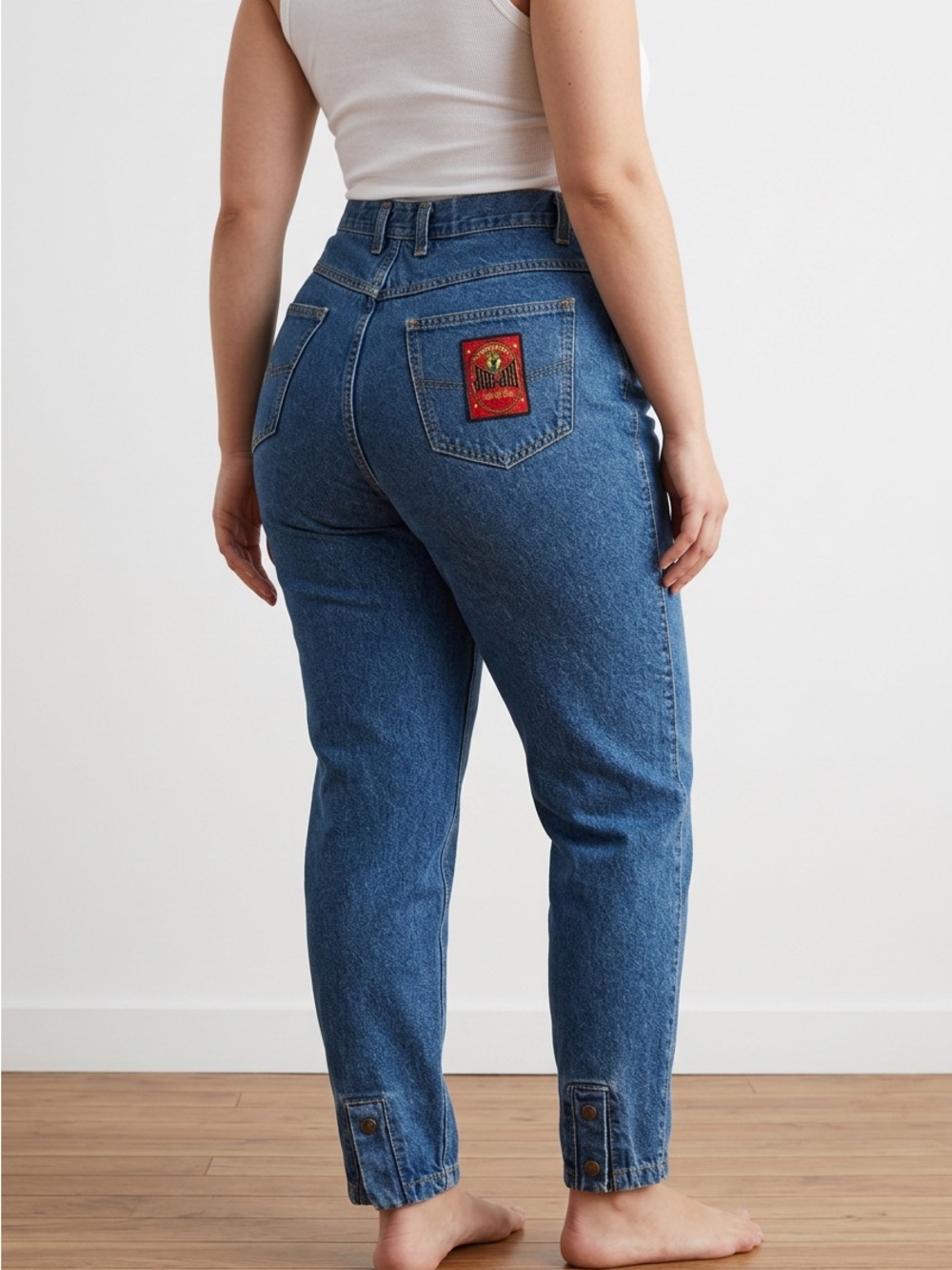 Jou Jou Medium Blue High-Rise Boyfriend Jeans with Red Patch